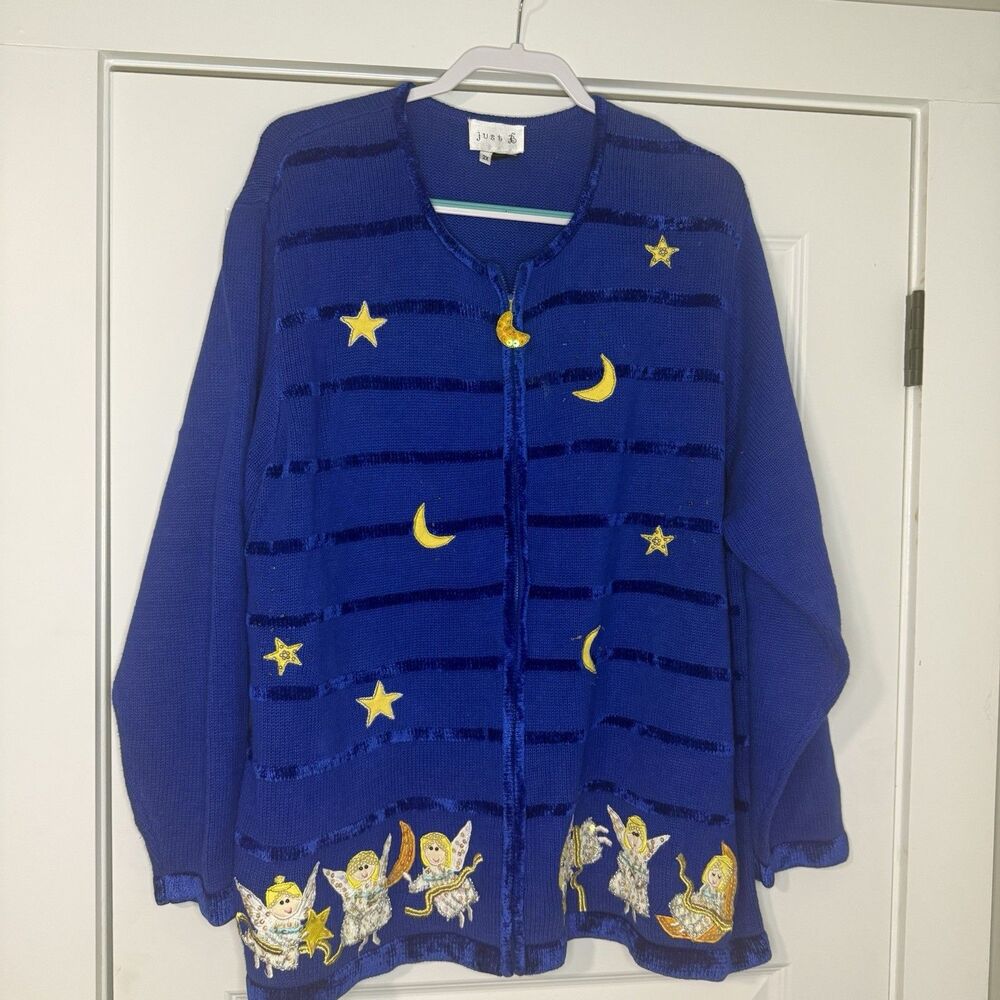 VTG Just B Full Zip Sweater Cardigan Blue Knit Embroidered Angel Womens 2X